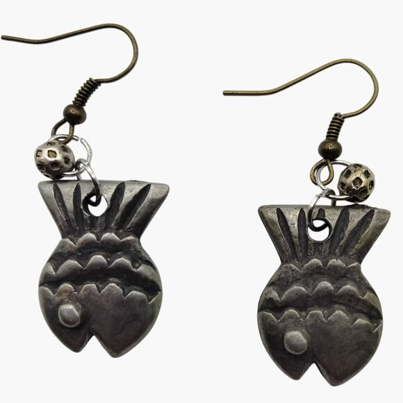 Fish Shaped Metal Earrings Hook Bead Accent Silver tone - Picture 2 of 6